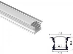 ALU-1201-R LED Aluminum Channel - Recessed - For Strips Up To 12mm - Silver - 1m / 2m - Frosted Lens