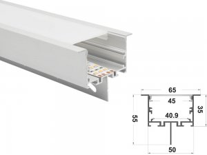 ALU-6535T Drywall LED Aluminum Channel - Recessed - For Strips Up To 40mm - 1m / 2m - Frosted Lens