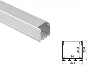 ALU-2403 LED Aluminum Channel - Surface - For Strips Up To 24mm - Silver - 1m / 2m - Frosted Lens