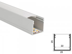 ALU-2525 LED Aluminum Channel - Surface - For Strips Up To 22mm - Silver - 1m / 2m - Frosted Lens