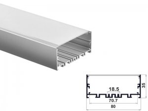 ALU-8035 Aluminum Channel - Surface / Hanging mount - For Strips Up To 70mm - Silver - 1m / 2m - Frosted Lens