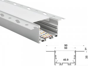 ALU-9035T Drywall LED Aluminum Channel - Recessed - For Strips Up To 40mm - 1m / 2m - Frosted Lens