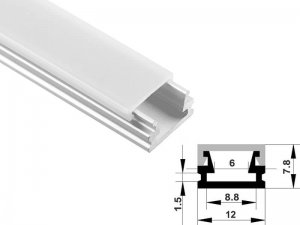 ALU-08 LED Aluminum Channel - Surface - For Strips Up To 8mm - Silver - 1m / 2m - Frosted Lens