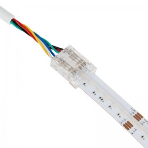 Solderless RGB+CCT COB Strip Connector - 12mm Strip to Pigtail Wire - 5.5A Current Rating