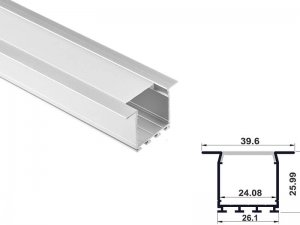 ALU-2404-R LED Aluminum Channel - Recessed - For Strips Up To 24mm - Silver - 1m / 2m - Frosted Lens