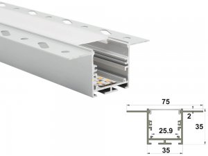 ALU-7535 Drywall LED Aluminum Channel - Recessed - For Strips Up To 25mm - 1m / 2m - Frosted Lens