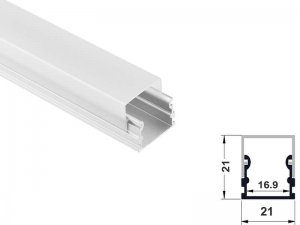 ALU-2121 LED Aluminum Channel - Surface - For Strips Up To 16mm - Silver - 1m / 2m - Frosted Lens