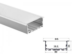 ALU-9535-R LED Aluminum Channel - Recessed - For Strips Up To 70mm - Silver - 1m / 2m - Frosted Lens