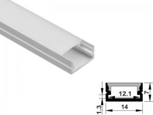 ALU-1407 LED Aluminum Channel - Surface - For Strips Up To 12mm - Silver - 1m / 2m - Frosted Lens