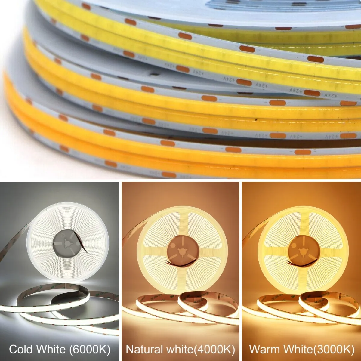 5m White COB LED Strip Light - Dual Row - Even-Glow® Series - Super Bright Fully Diffused LED Tape Light - 90+ High CRI - IP20 - 24V