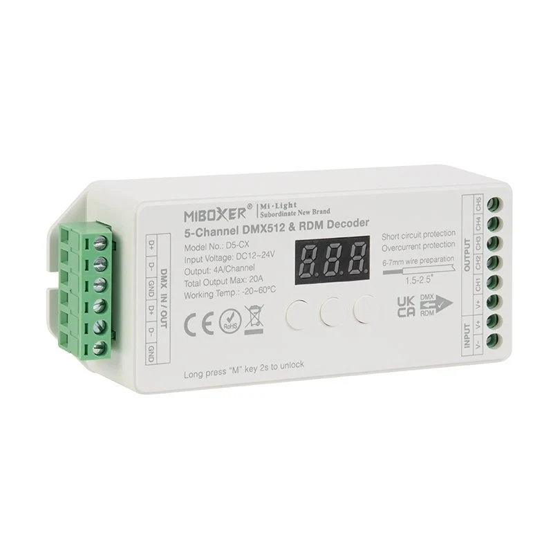 5 Channel LED DMX512 and RDM Decoder - 4 A/CH - Digital Display - 12-24 VDC