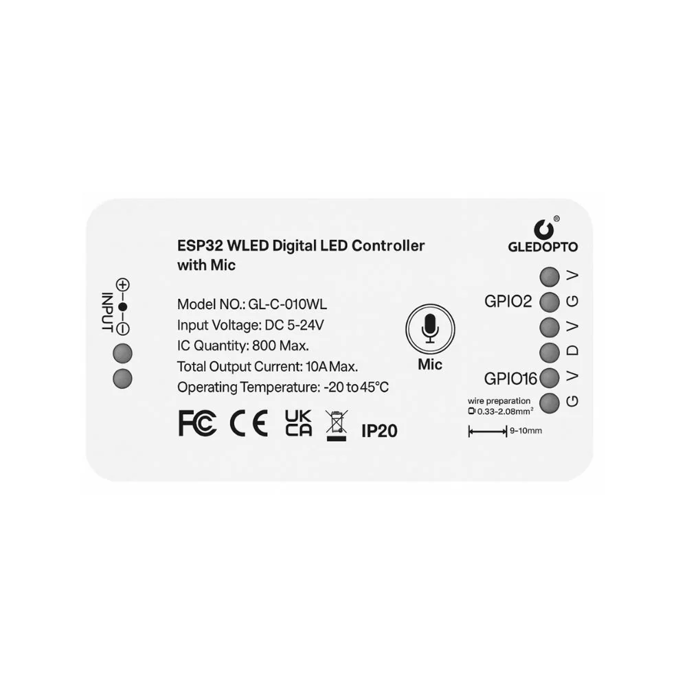 GLEDOPTO ESP32 WLED Digital Pixel LED Controller With Mic Music App Control GL-C-010WL