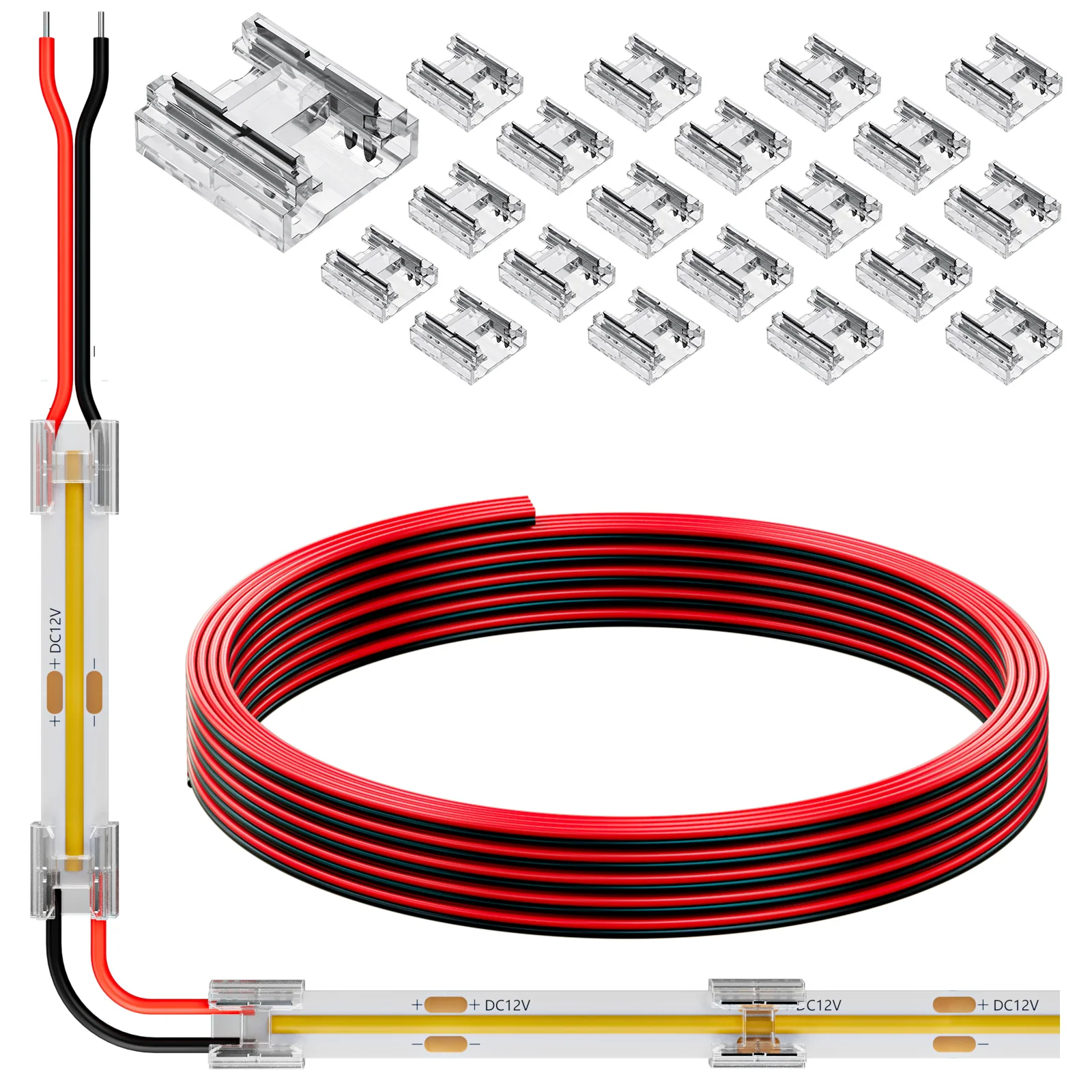 COB LED Strip Light 0.31in(8mm) 2 pin Connector Kit 20pcs Transparent Connector 1pcs 6.6FT(200cm) Long 20AWG Extension Wires for Non-Wired Gapless Solderless
