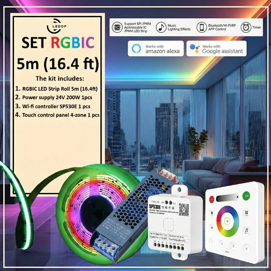 RGBIC WS2811 COB LED Strip Light Kit - Alexa / Google Assistant Compatible - Addressable Color-Chasing LED Tape Light with 24V Power Supply and Controller