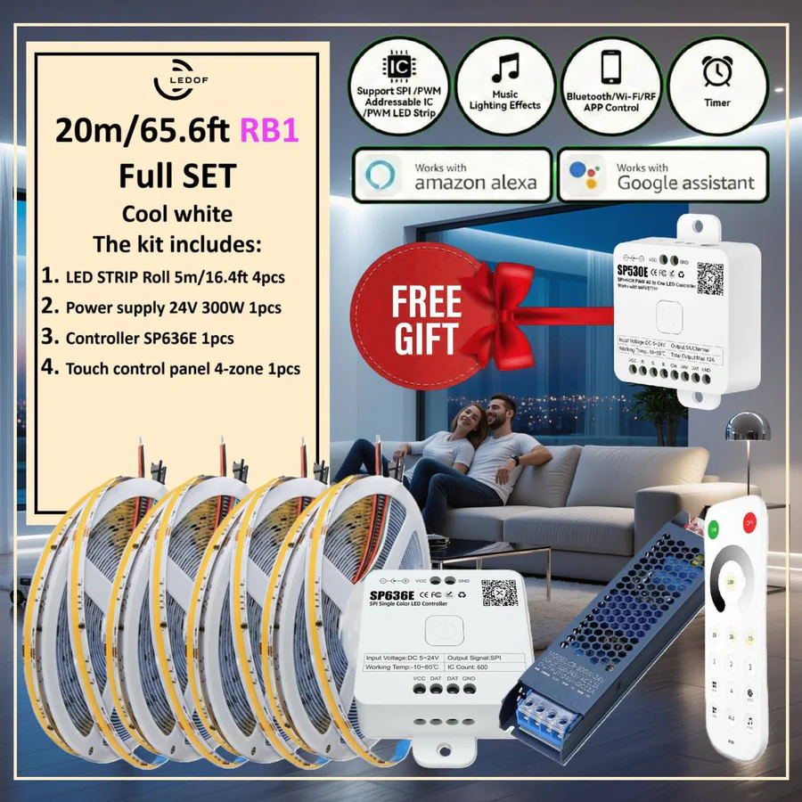 Dynamic Running Water Effect Addressable LED strip COB Kit - 24V - 5m/10m/15m/20m
