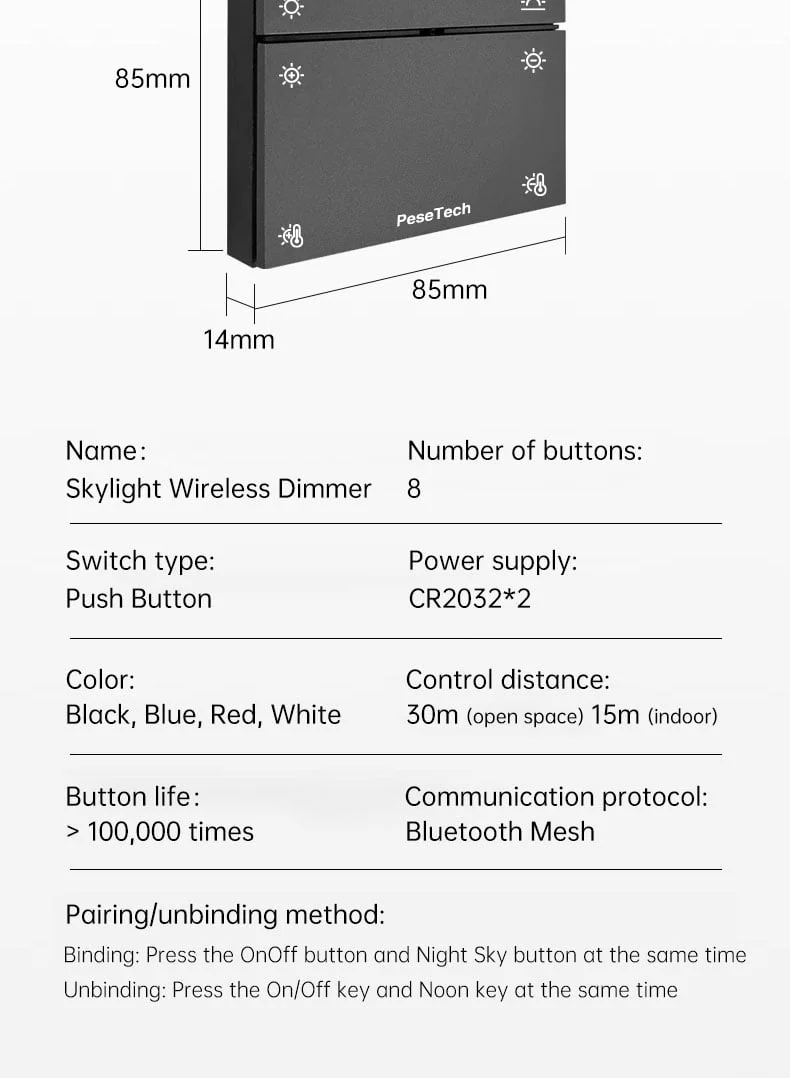 Skylight Wireless Dimmer Eight Smart Button Four Colors