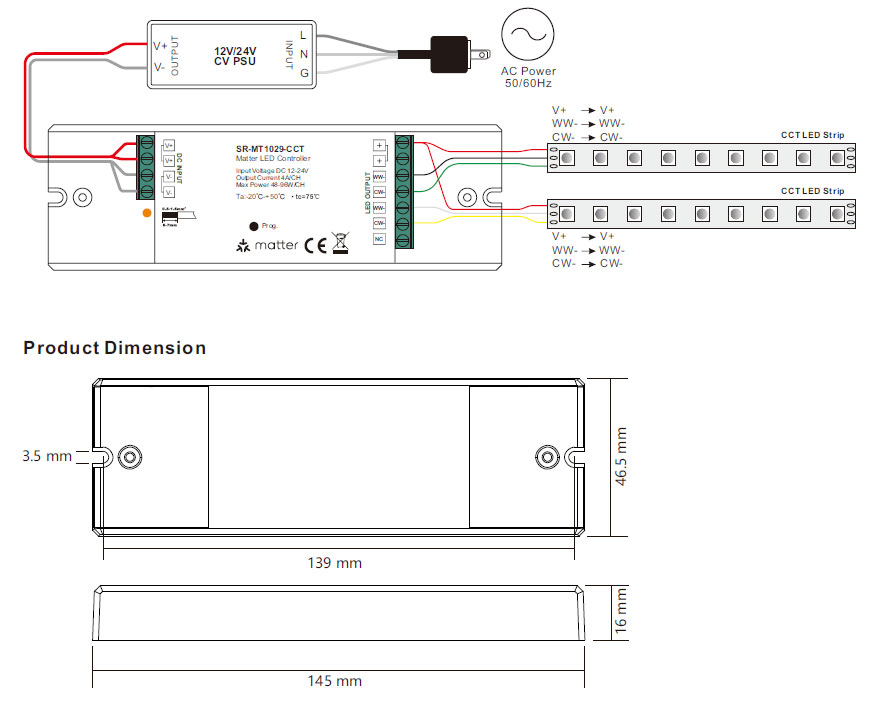 Sunricher SR-MT1029-5C Matter over Thread 12-24V DC RGBCCT LED Strip Controller