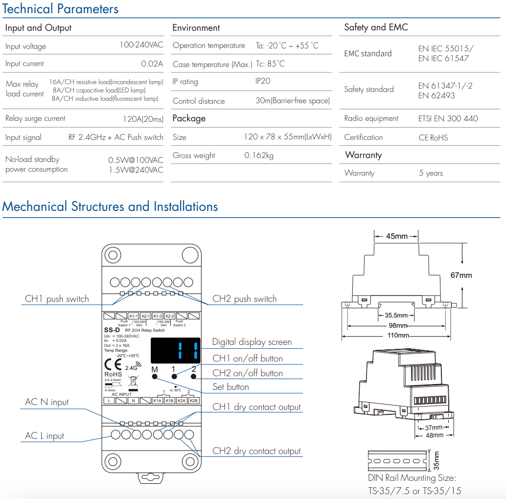 LED Waterproof DMX512 and RDM Decoder - 4 Channel - 5 Amp - 12-36V - Digital Display - DS-WDMX45