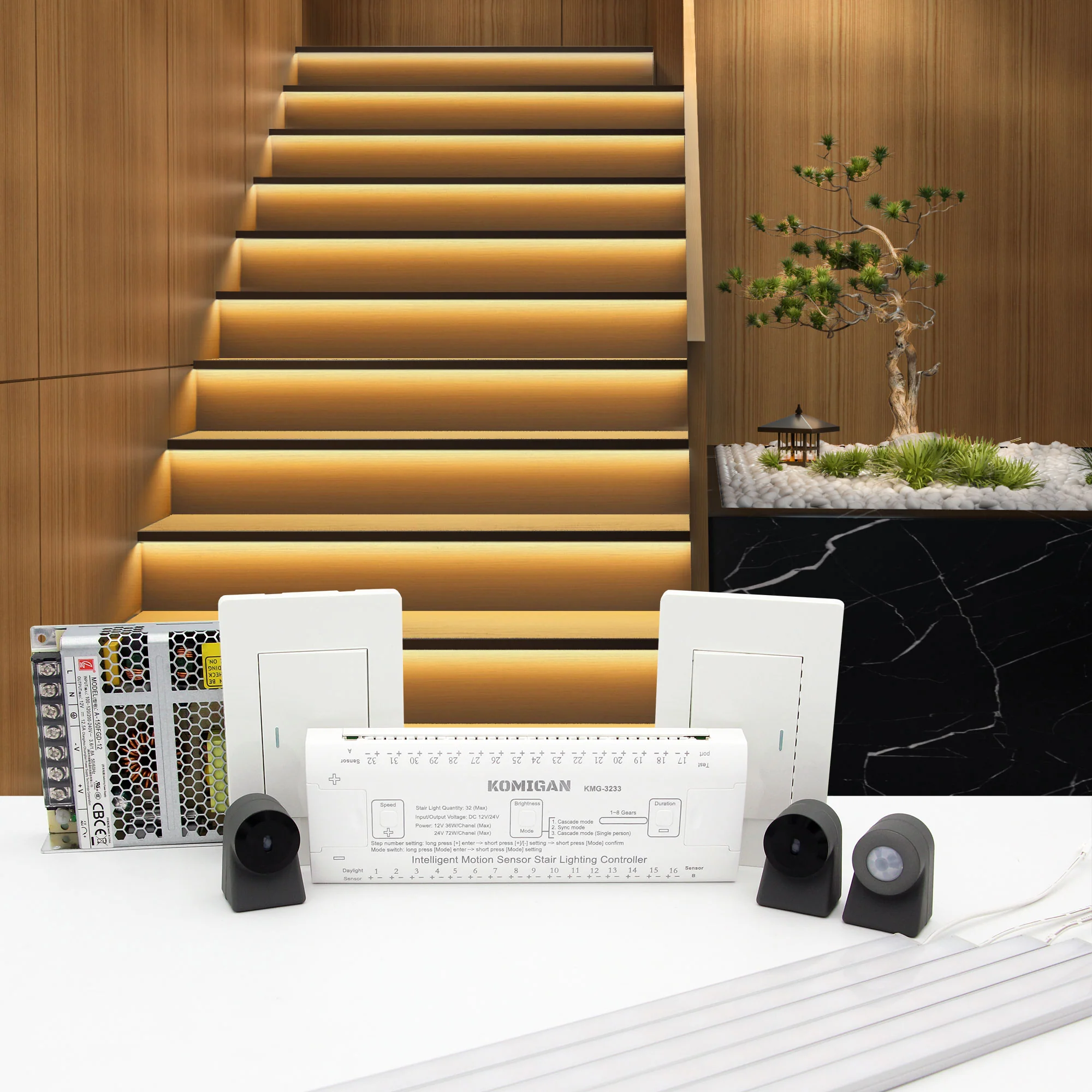 LED Stair Lights with Intelligent Motion Sensor - Activated Cascading effect LED Stair Lighting Kit , 24", Warm White 3000K Aluminum Light Bar for Indoor Staircases