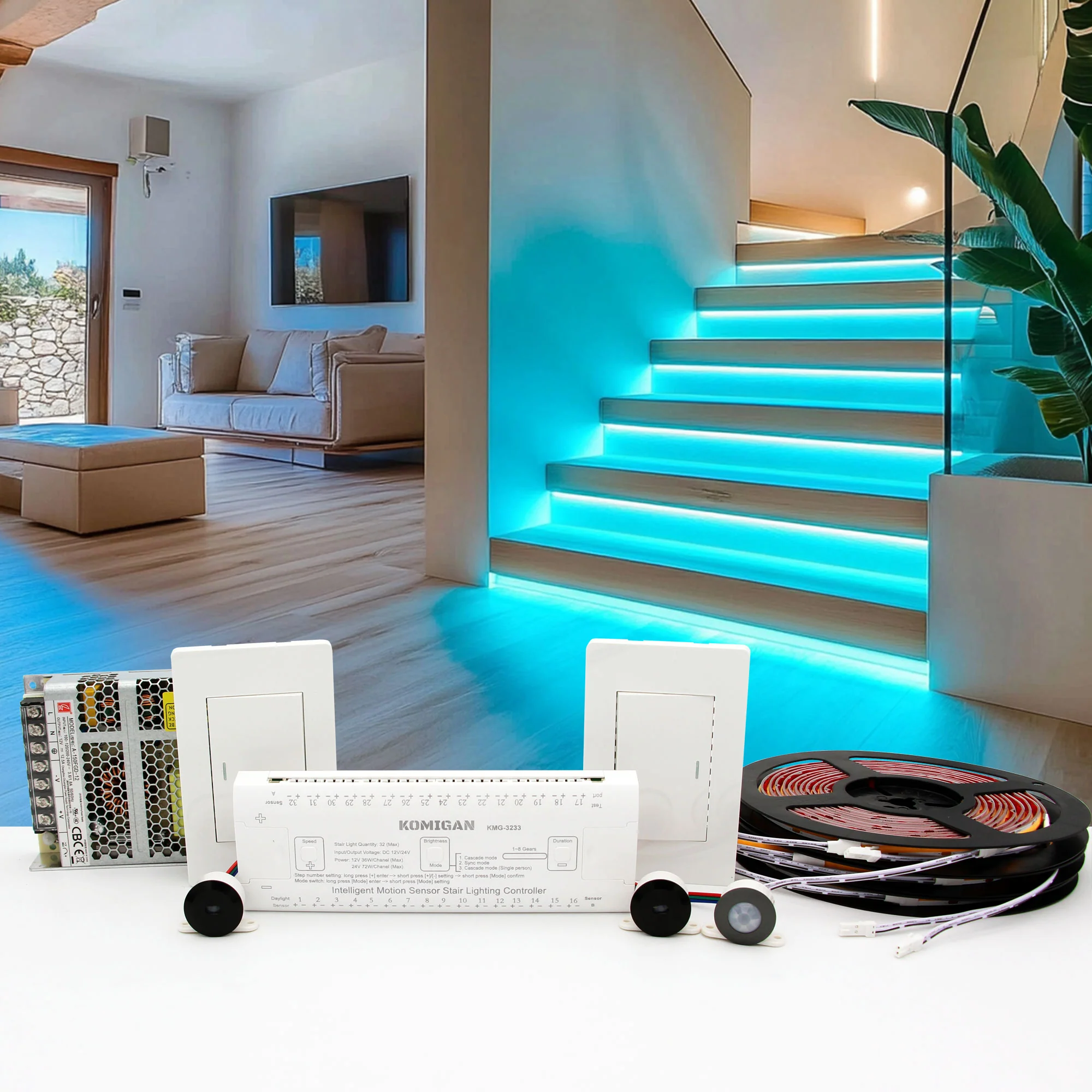 LED Stair Lights with Intelligent Motion Sensor - Wall Switch Panel LED Stair Lighting Kit, 40 Inches Long Aqua Cuttable Strip Light for Indoor Staircase
