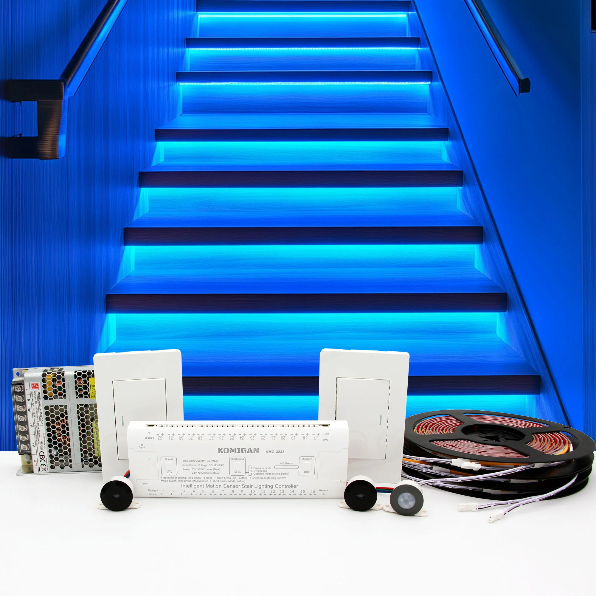 LED Stair Lights with Intelligent Motion Sensor - Wall Switch Panel LED Stair Lighting Kit, Cuttable Ice Blue Color LED Strip Light for Indoor Staircase