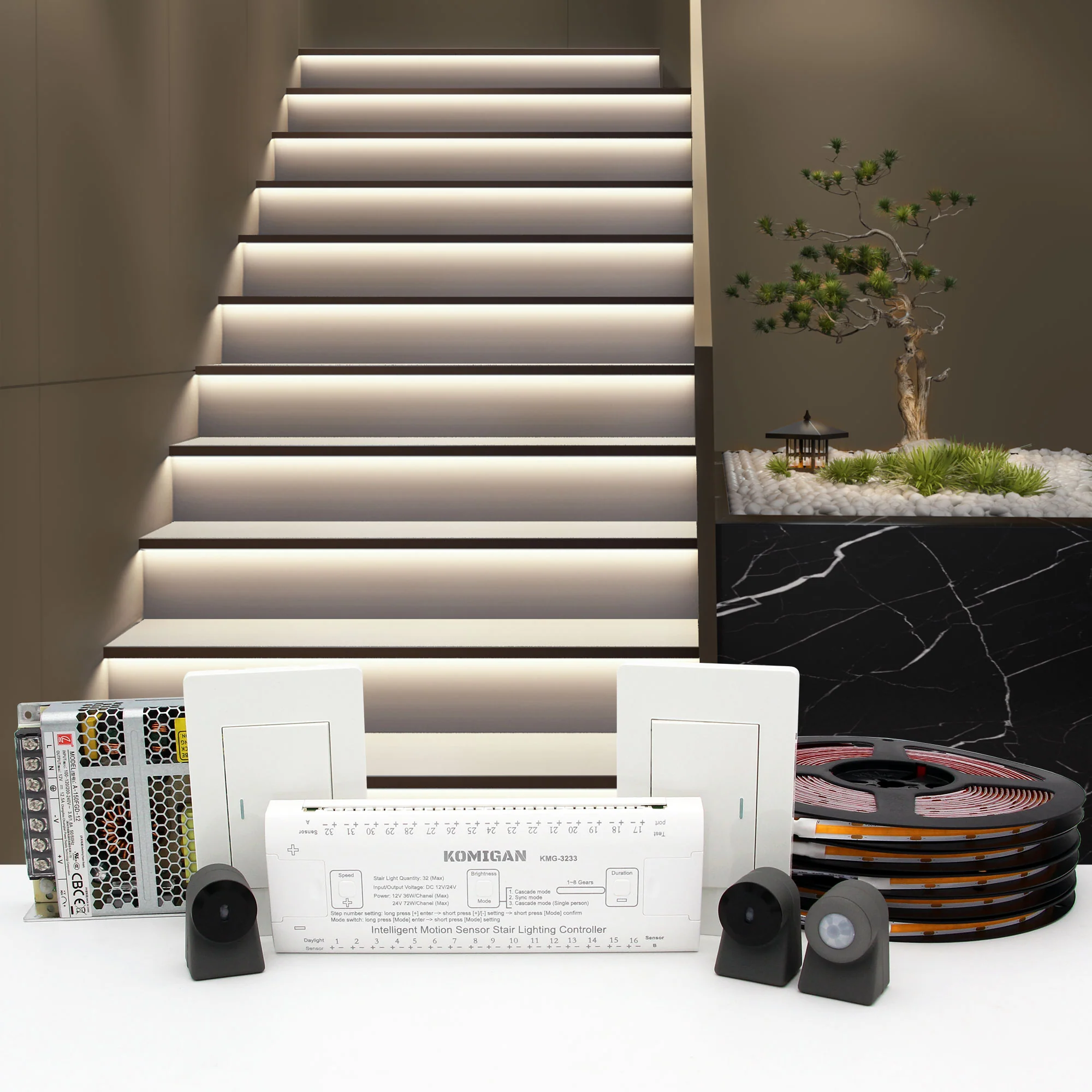 LED Stair Lights with Intelligent Motion Sensor - Activated LED Stair Lighting Kit, Cuttable, Cool White LED Strip Light for Indoor Staircase