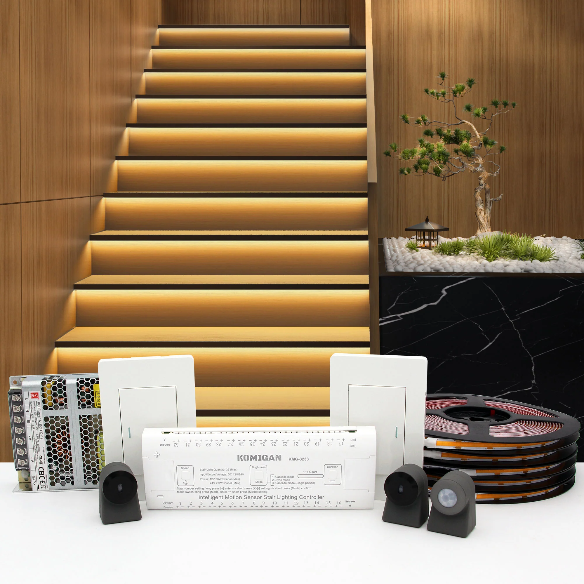 LED Stair Lights with Intelligent Motion Sensor - Activated LED Stair Lighting Kit, Cuttable, Warm White LED Strip Light for Indoor Staircase