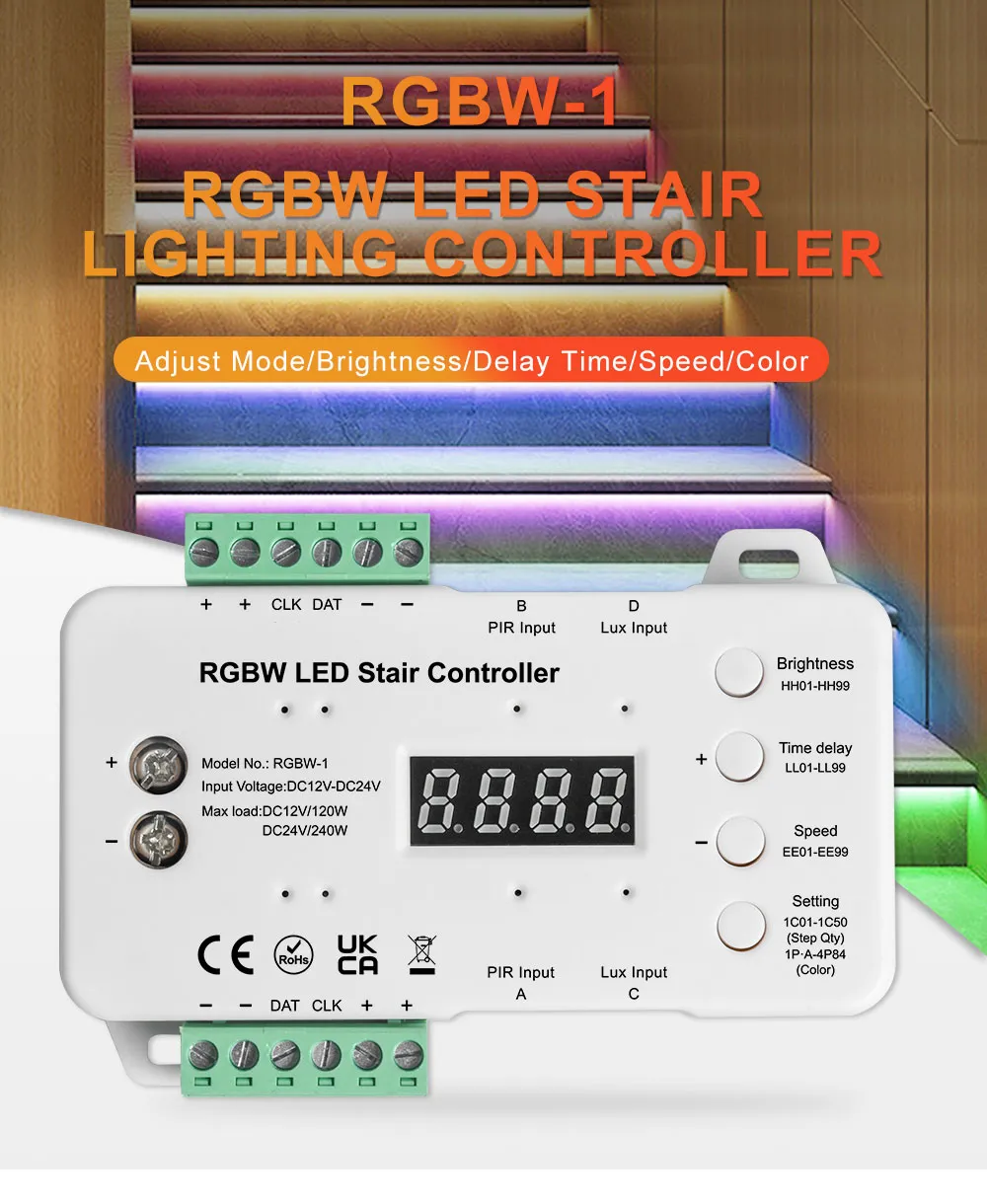 LED Stair Lights with Intelligent Motion Sensor - RGBW LED Stair Lighting Controller with daylight sensor Kits, RGBW Cuttable Flexible LED Strip Light for Indoor Staircase