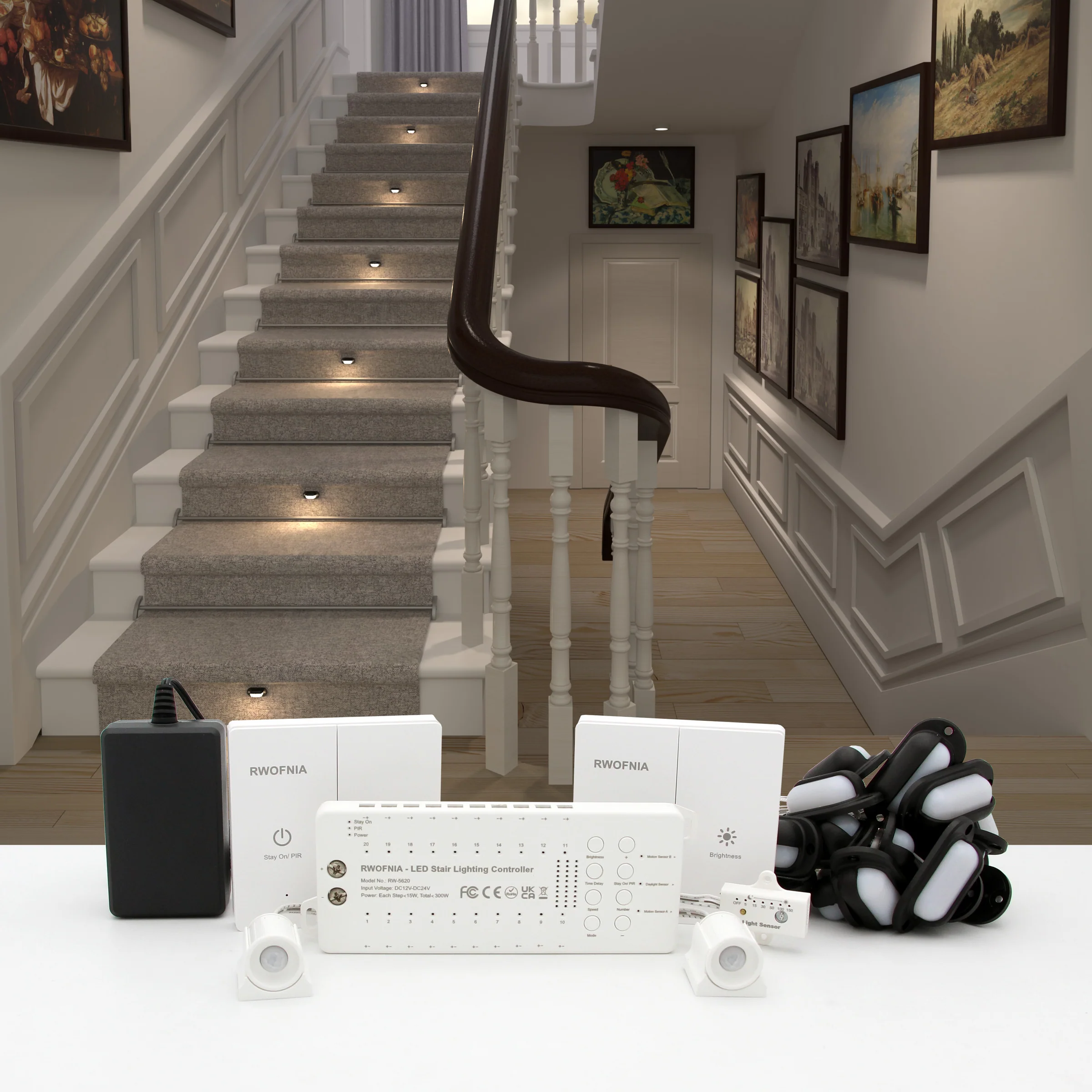 LED Stair Lights with Intelligent Motion Sensor - Motion-Activated LED Stair Lighting Kit, RW-5620-B, Warm White 2700K, Mini LED Light Bulbs Suilt for Indoor Carpeted Or Wooden Staircase