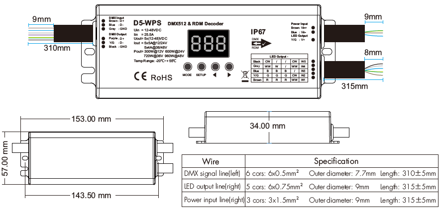 LED Waterproof DMX512 and RDM Decoder - 4 Channel - 5 Amp - 12-36V - Digital Display - DS-WDMX45