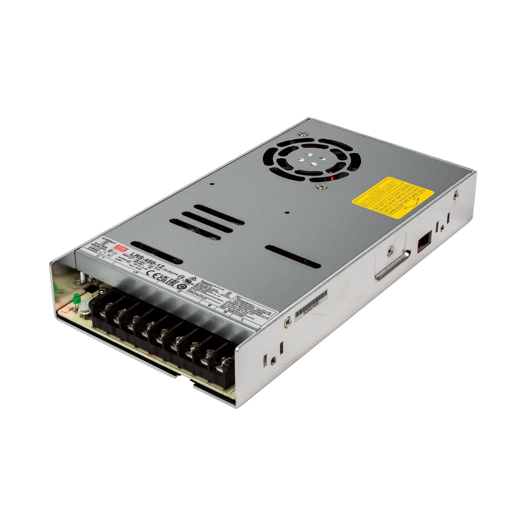 Mean Well 450W LED Switching Power Supply - LRS Series - Cooling Fan - Enclosed - 12 VDC