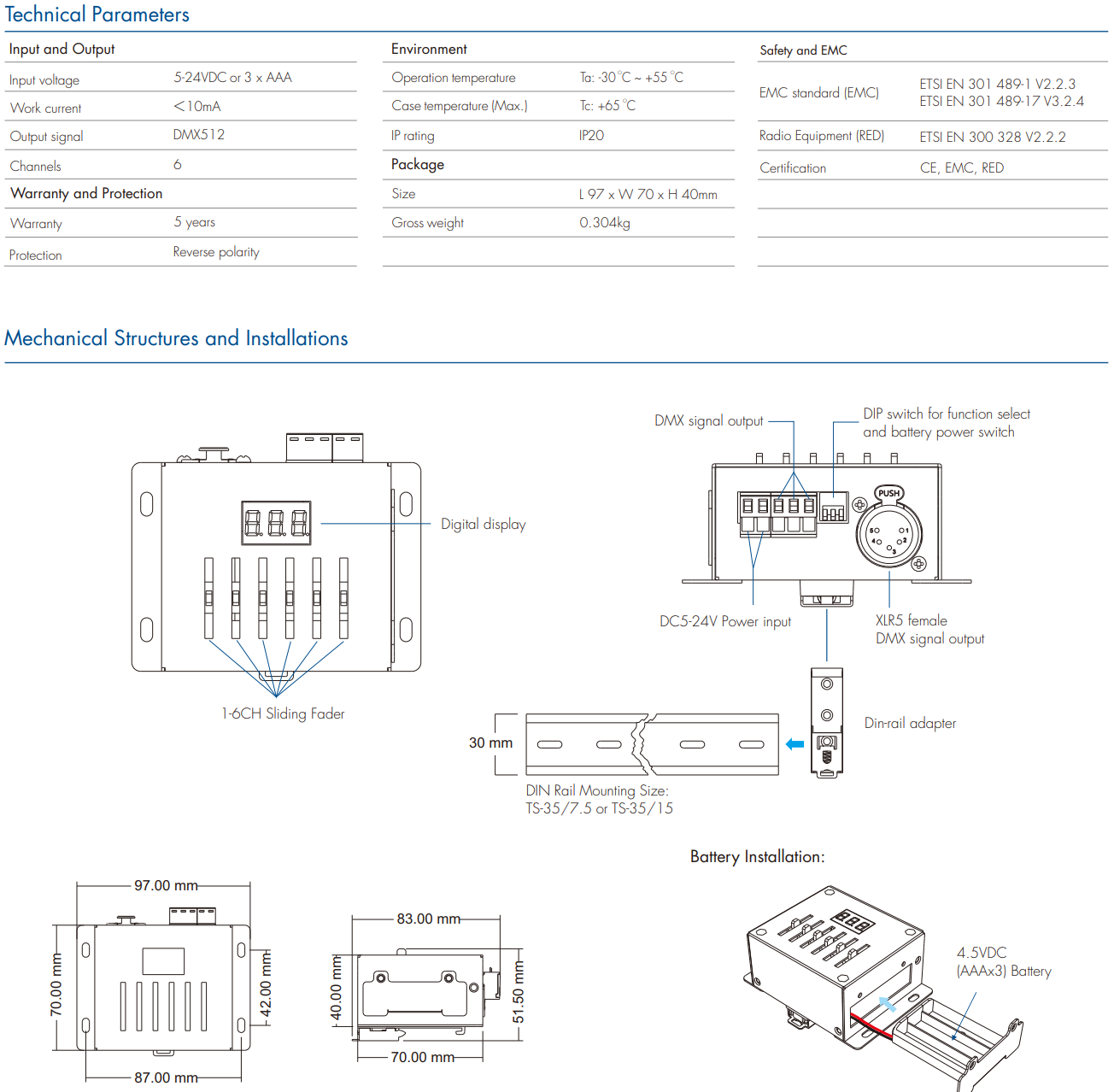 LED Waterproof DMX512 and RDM Decoder - 4 Channel - 5 Amp - 12-36V - Digital Display - DS-WDMX45