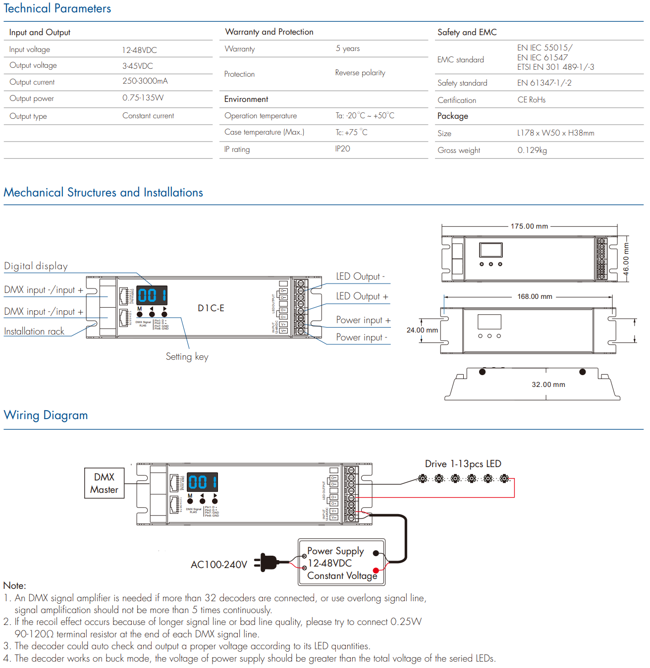 LED Waterproof DMX512 and RDM Decoder - 4 Channel - 5 Amp - 12-36V - Digital Display - DS-WDMX45
