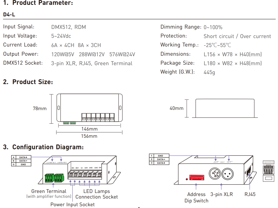 LED Waterproof DMX512 and RDM Decoder - 4 Channel - 5 Amp - 12-36V - Digital Display - DS-WDMX45