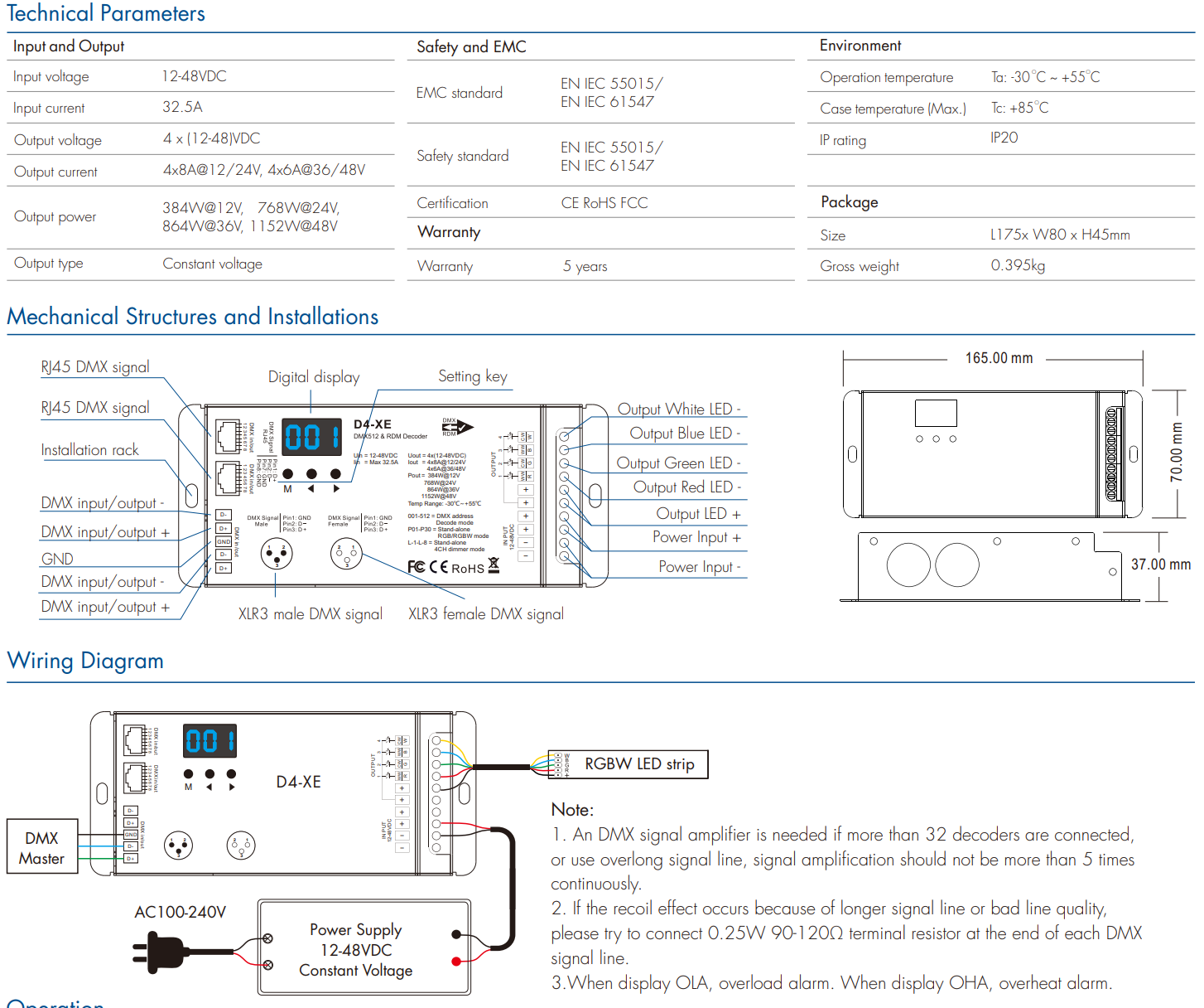 LED Waterproof DMX512 and RDM Decoder - 4 Channel - 5 Amp - 12-36V - Digital Display - DS-WDMX45