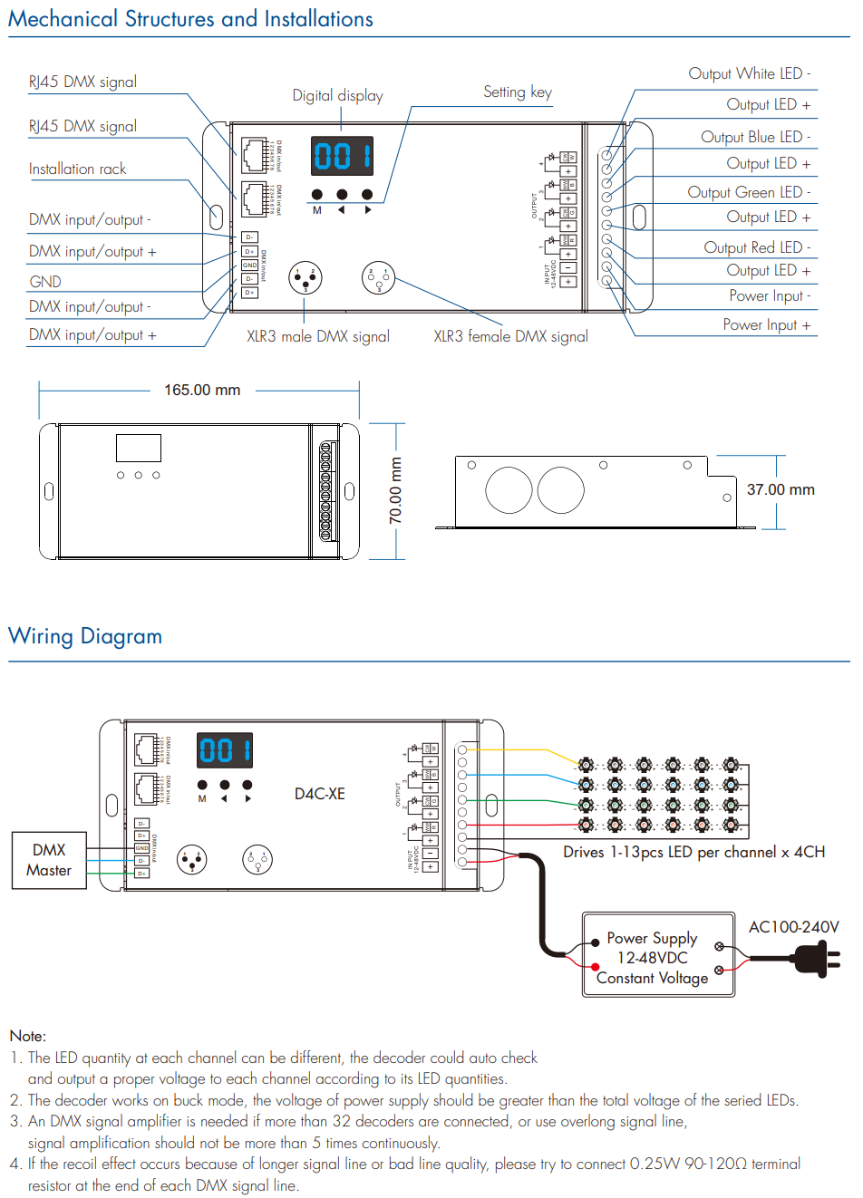 LED Waterproof DMX512 and RDM Decoder - 4 Channel - 5 Amp - 12-36V - Digital Display - DS-WDMX45