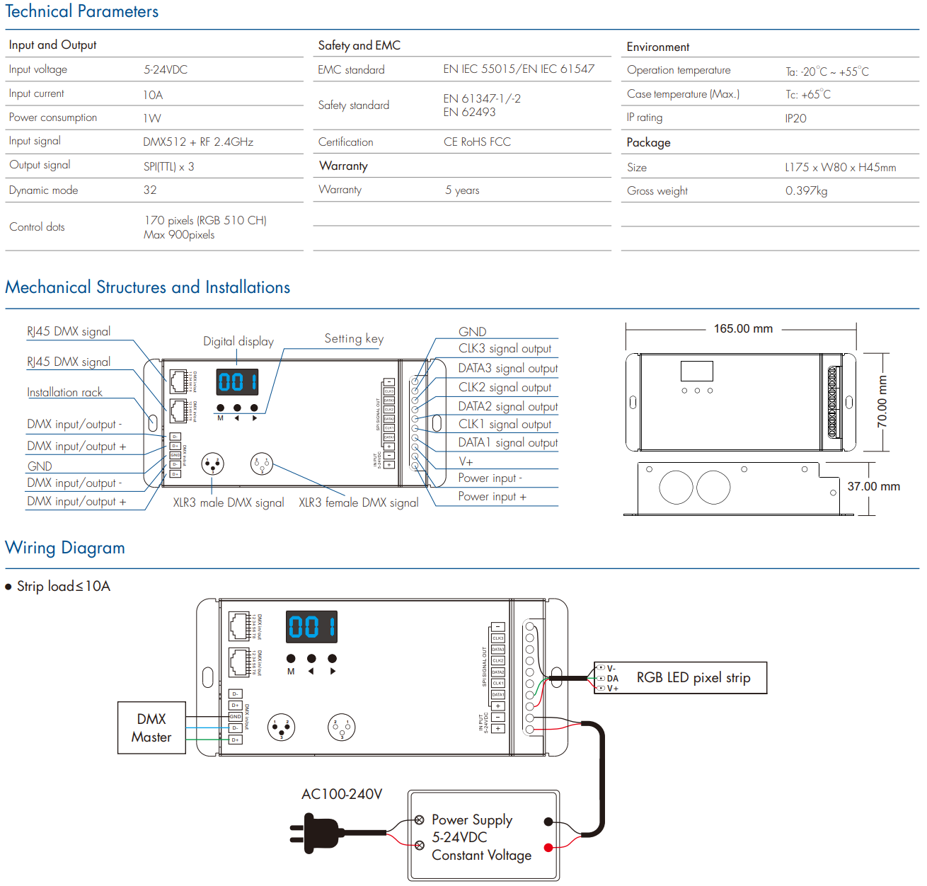 LED Waterproof DMX512 and RDM Decoder - 4 Channel - 5 Amp - 12-36V - Digital Display - DS-WDMX45