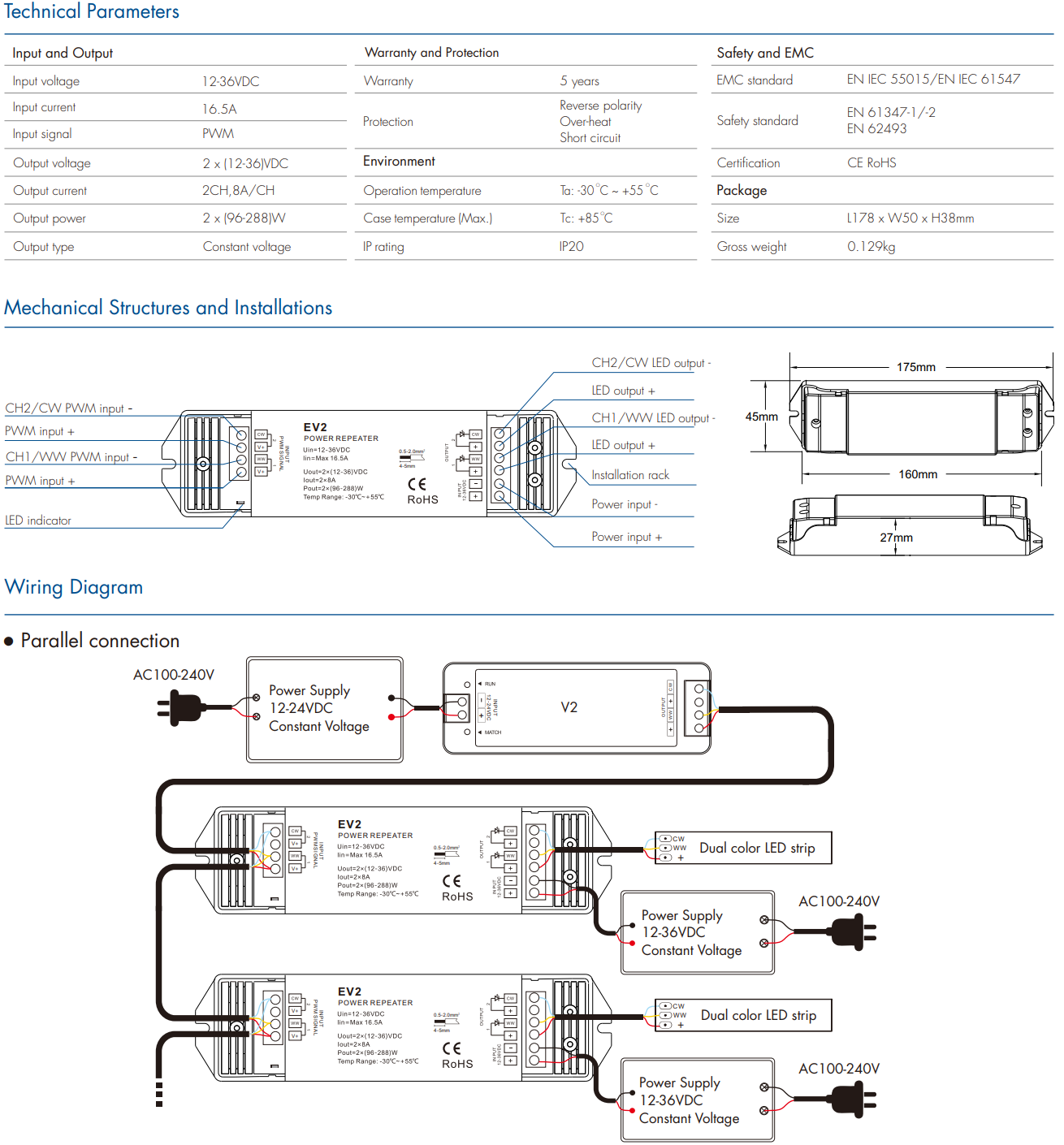 LED Waterproof DMX512 and RDM Decoder - 4 Channel - 5 Amp - 12-36V - Digital Display - DS-WDMX45