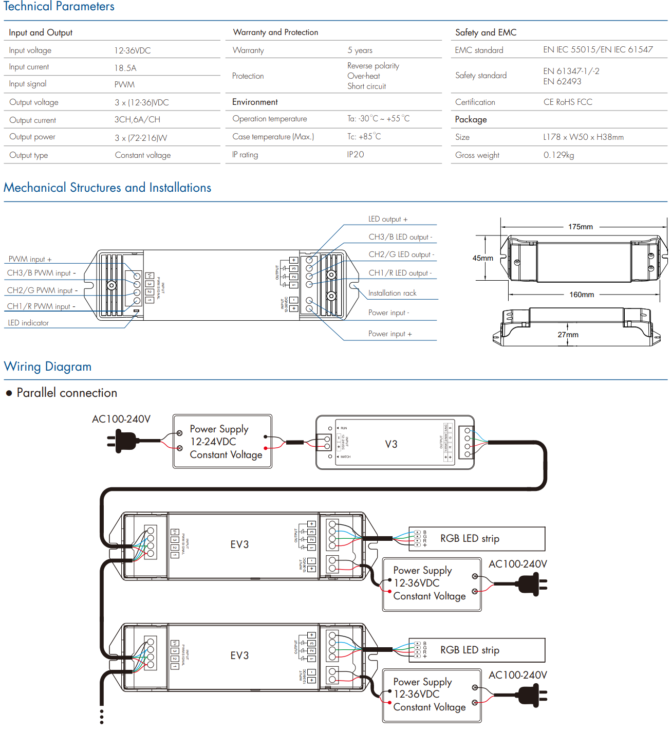 LED Waterproof DMX512 and RDM Decoder - 4 Channel - 5 Amp - 12-36V - Digital Display - DS-WDMX45