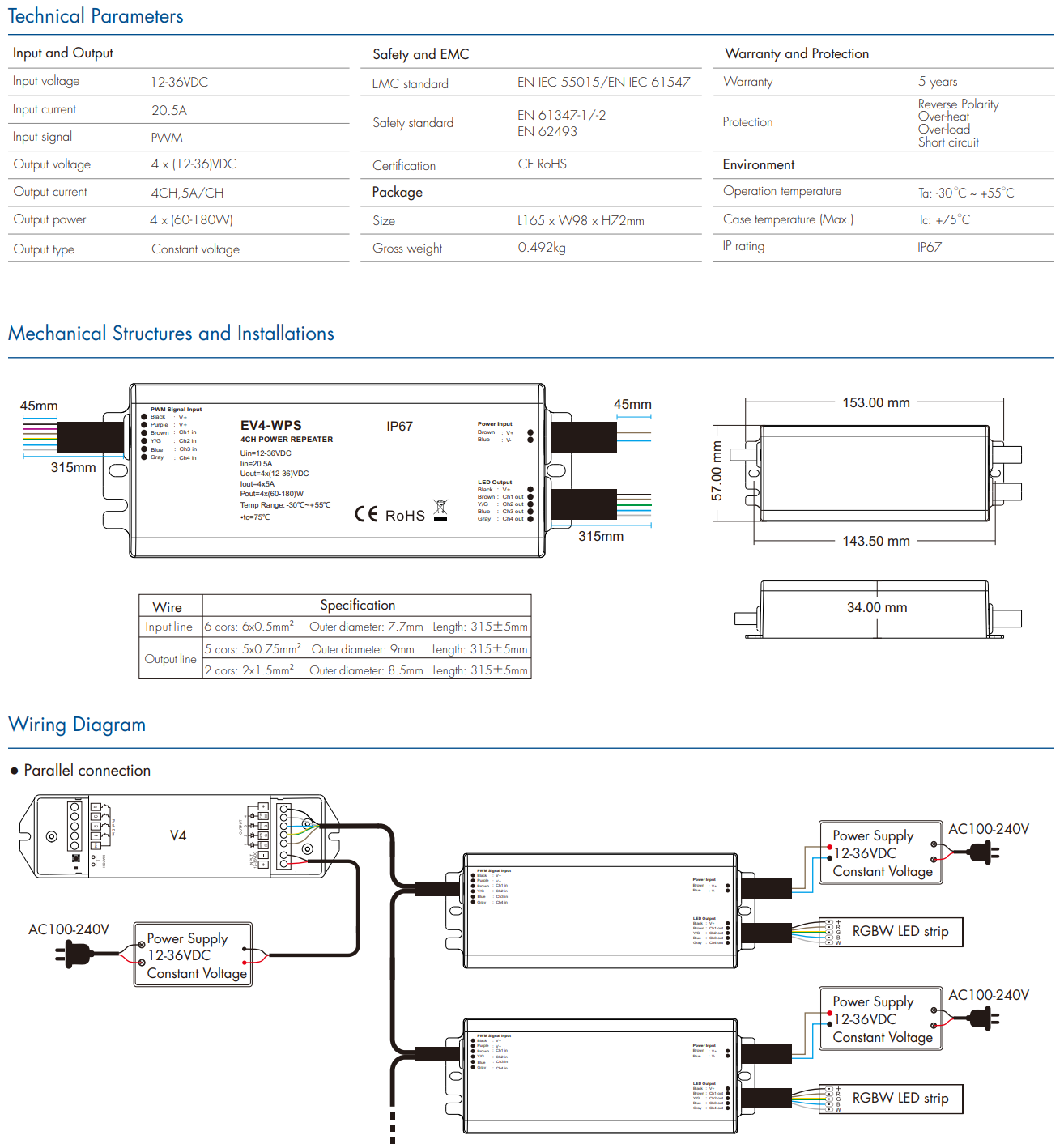 LED Waterproof DMX512 and RDM Decoder - 4 Channel - 5 Amp - 12-36V - Digital Display - DS-WDMX45