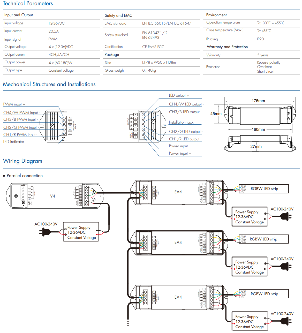 LED Waterproof DMX512 and RDM Decoder - 4 Channel - 5 Amp - 12-36V - Digital Display - DS-WDMX45