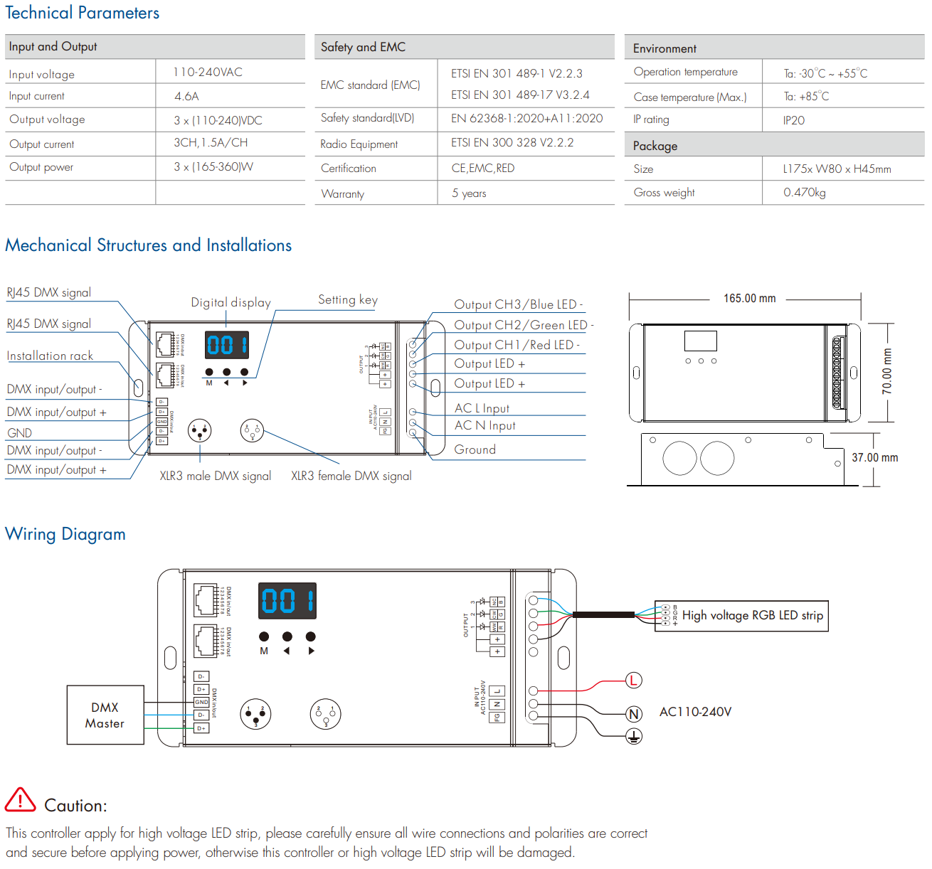 LED Waterproof DMX512 and RDM Decoder - 4 Channel - 5 Amp - 12-36V - Digital Display - DS-WDMX45