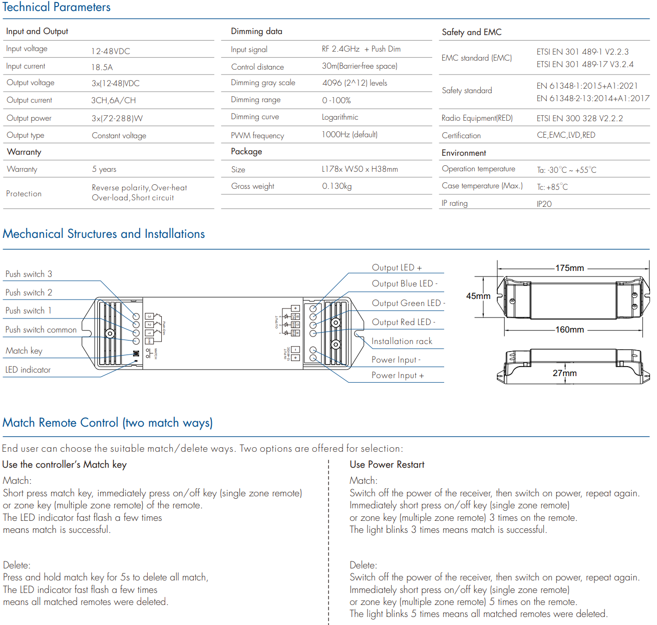 LED Waterproof DMX512 and RDM Decoder - 4 Channel - 5 Amp - 12-36V - Digital Display - DS-WDMX45