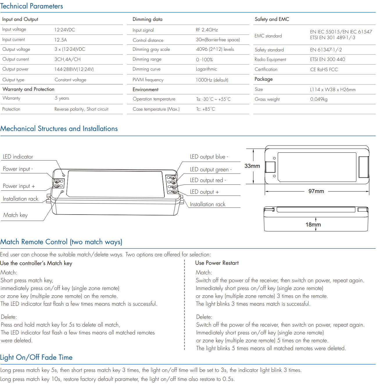 LED Waterproof DMX512 and RDM Decoder - 4 Channel - 5 Amp - 12-36V - Digital Display - DS-WDMX45