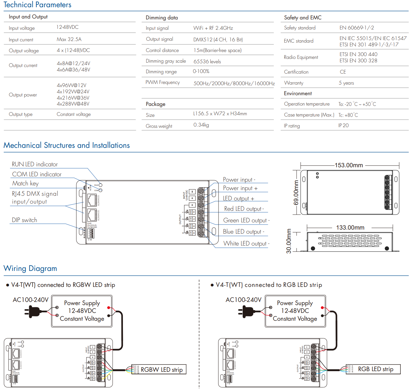 LED Waterproof DMX512 and RDM Decoder - 4 Channel - 5 Amp - 12-36V - Digital Display - DS-WDMX45