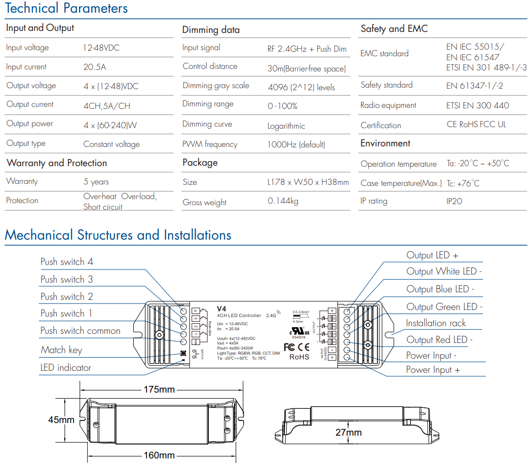LED Waterproof DMX512 and RDM Decoder - 4 Channel - 5 Amp - 12-36V - Digital Display - DS-WDMX45