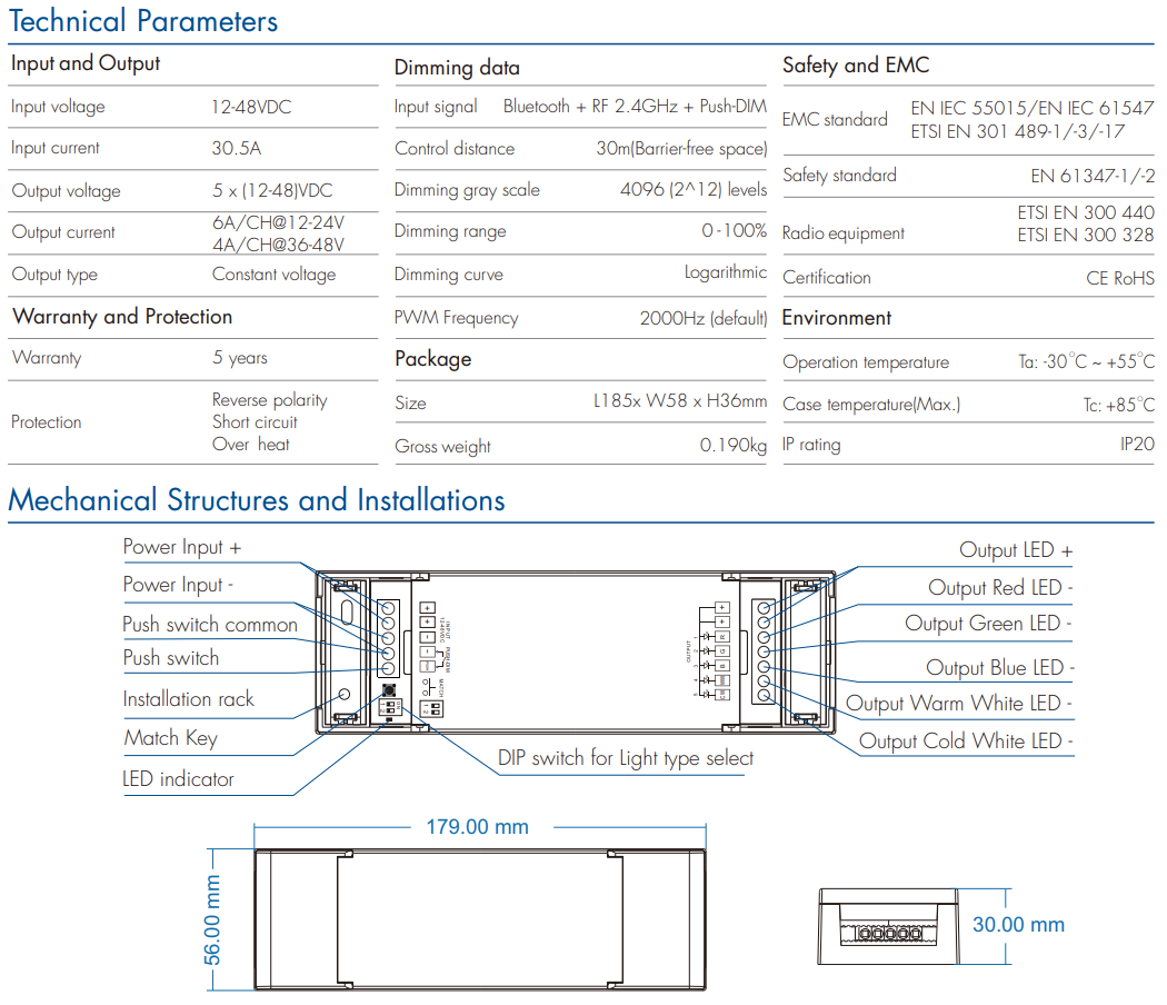 LED Waterproof DMX512 and RDM Decoder - 4 Channel - 5 Amp - 12-36V - Digital Display - DS-WDMX45