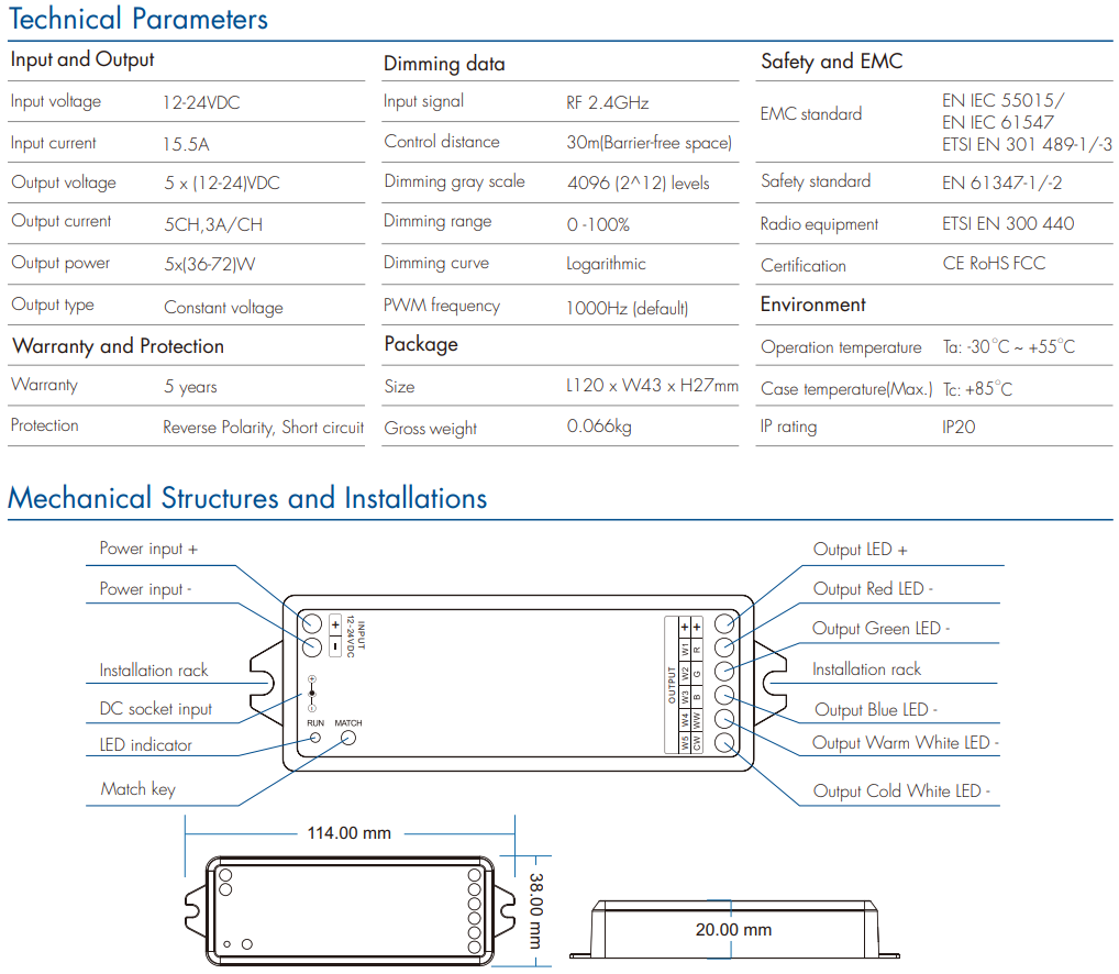LED Waterproof DMX512 and RDM Decoder - 4 Channel - 5 Amp - 12-36V - Digital Display - DS-WDMX45