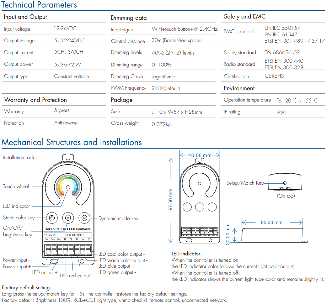 LED Waterproof DMX512 and RDM Decoder - 4 Channel - 5 Amp - 12-36V - Digital Display - DS-WDMX45