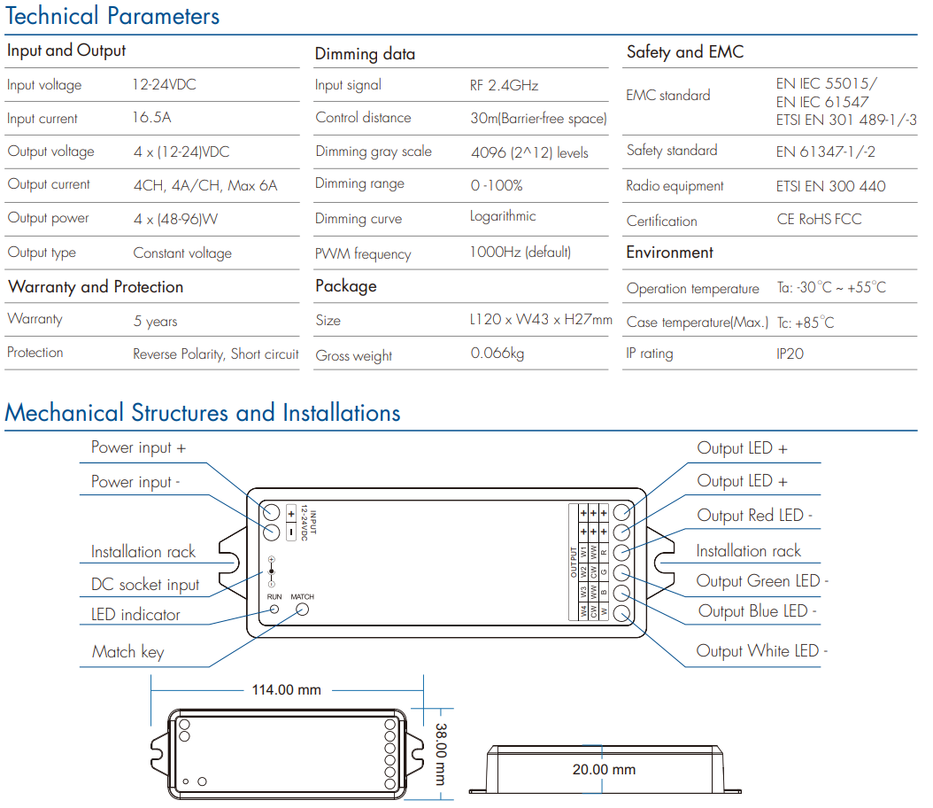 LED Waterproof DMX512 and RDM Decoder - 4 Channel - 5 Amp - 12-36V - Digital Display - DS-WDMX45